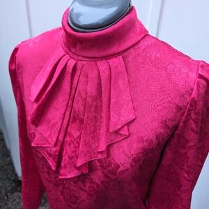 1980s vintage Hot Stuff blouse 80s 90s deep magenta Pink satin damask ruffle top